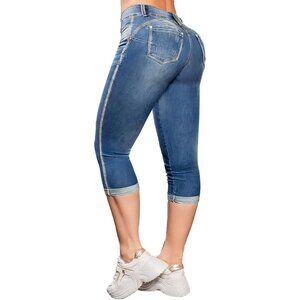 Women High Waist Capris Jeans Cotton Spandex Mid Rise Skinny Denim